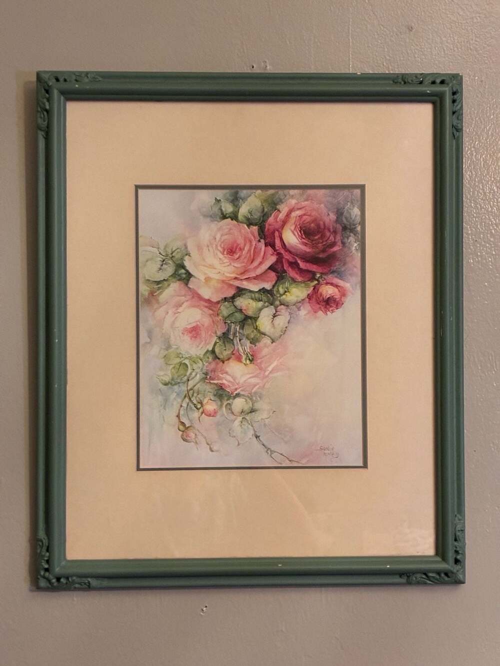 Vintage Sonie Ames Pink Roses Signed Floral Print in Green Ornate Frame